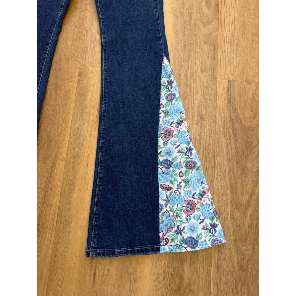 Boho Handmade Floral Flare Jeans Paperbag Waist Tie Bell Bottom hippie indie - Picture 4 of 9